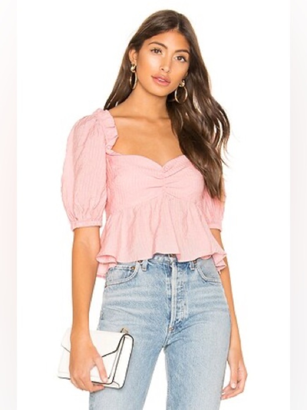 Lovers and Friends Revolve Vanessa Top Coral pink puff sleeve cropped blouse xs